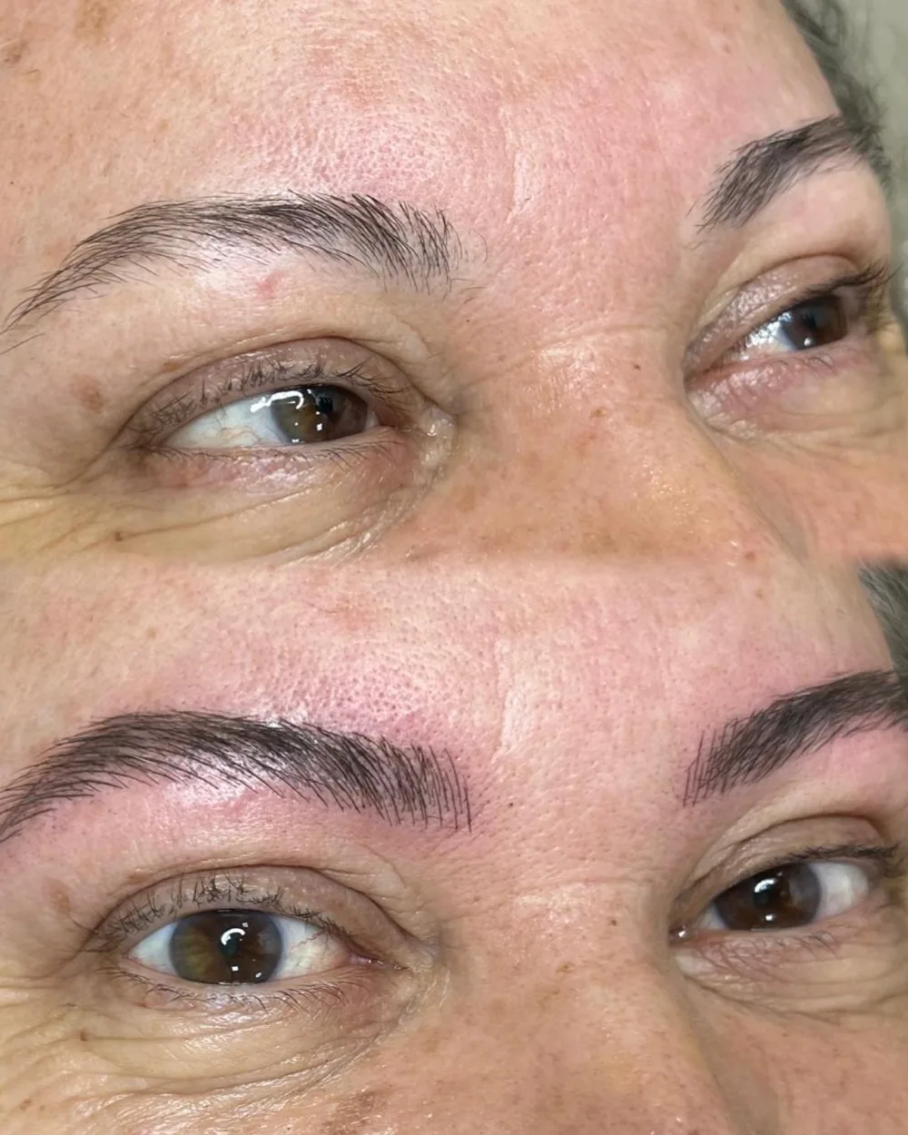 Antes e depois de micropigmentação de sobrancelha fio a fio, desenho e resultado natural